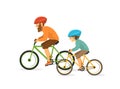 Active cheerful father and son, man and boy cycling, riding bikes. Royalty Free Stock Photo