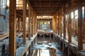 Active construction site with workers, machines, and scaffolding progressing.