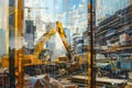 Active construction site with workers, machines, and scaffolding progressing.