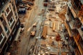 Active construction site with workers, machines, and scaffolding progressing.