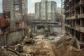 Active construction site with workers, machines, and scaffolding progressing.