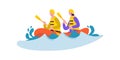 Active couple in safety suit and helmet enjoying rafting vector flat illustration