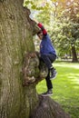 Active eight year old boy climbing a tree