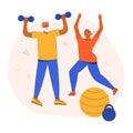 An active elderly couple doing sports together at home. Grandparents lead a healthy lifestyle. Active seniors training in gym.