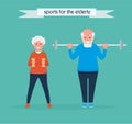Active elderly couple engaged with dumbbells and barbell Healthy lifestyle. Flat funny cartoon illustration vector set. Active spo Royalty Free Stock Photo