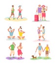 Active elderly couples collection vector flat illustration mature pairs travelling, sports running