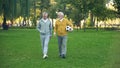 Active elderly men walking in park with football, sport hobby, health care