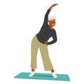 Active Elderly Woman In Sportswear Stretching Her Arms On Yoga Mat With Happy Gesture, Cartoon Vector Illustration