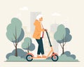 Active energetic happy gray haired elderly adult woman rides an electric scooter in the city park. Senior female finding a new