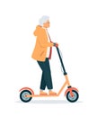 Active energetic happy gray haired elderly adult woman rides an electric scooter. Senior female finding a new hobby having fun