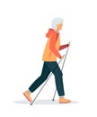 Active energetic happy gray haired elderly woman practice nordic walking. Grandma sport workout Europe. Healthy women lifestyle.