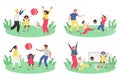 Active families with children playing outdoors, vector illustration isolated.