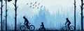 Active family cycling in forest. Mother, father, child, blue silhouette horizontal illustration. Healthy lifestyle outdoor activ