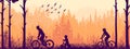 Active family cycling. Forest and mountains in background. Mother, father, child, orange silhouette horizontal illustration. Hea