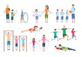 Active family. People, kids doing fitness exercises. Sports lifestyle vector flat characters Royalty Free Stock Photo