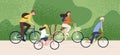 Active family riding on bike at forest park vector flat illustration. Mother, father, daughter and son cycling together