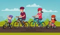 Active family vacation. Father mother, son and daughter are riding on bicycles in the park. Vector illustration