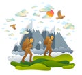 Active father and teenage son hiking through grasslands to mountains, birds in the summer sky. Fatherhood, hiker men having time