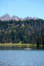 Active fit woman on a Stand up paddleboard boating on Todd Lake in the Cascade Lakes area in Bend Oregon on a sunny day Royalty Free Stock Photo