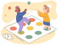 Active floor standing twister game for family. Children, boy and girl, engaged in funny game playing