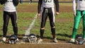 Active football players warming up, behaving nervously before important game