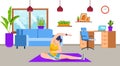 Active girl doing yoga, workout, sport exercise, fitness at home living room vector illustration. Sport activity and