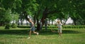 Active girl running around boy on green grass. Playful kids have fun on picnic. Royalty Free Stock Photo