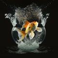 Goldfish escapingin its bursting Tank