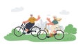 Active grandfather, grandmother ride e-bike in parkrelax.Active outdoor seniors life.Summer activity.Vector illustration