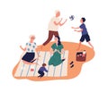 Active grandparents spend time with grandchildren at picnic. Family rest outdoors, play, drink juice, toddler on blanket