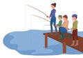 Active happy family on a fishing trip. On summer weekends, parents and children spend their free time in nature. The