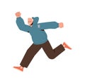 Active happy man jumping in air and skipping, cartoon guy feeling positive emotions and joy