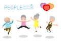 Active and happy old senior couple jumping, Group of elderly people jumping together, cartoon old people dancing with joy