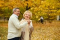 Active seniors on a walk in autumn forest Royalty Free Stock Photo