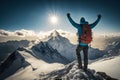 Active hiker enjoying the view, conquered the summit joyful raised arms around amazing views of mountain ranges landscape.