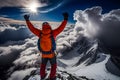 Active hiker enjoying the view, conquered the summit joyful raised arms around amazing views of mountain ranges landscape clouds. Royalty Free Stock Photo