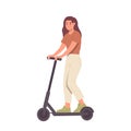 Active hipster young woman cartoon character riding electric kick scooter isolated on white Royalty Free Stock Photo