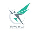 Active human character - vector business logo template concept illustration. Abstract man with wings. Creative sign.