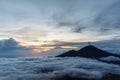 Active Indonesian volcano Batur in the tropical island Bali. Indonesia. Batur volcano sunrise serenity. Dawn sky at