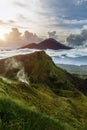 Active Indonesian volcano Batur in the tropical island Bali. Indonesia. Batur volcano sunrise serenity. Dawn sky at