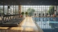 Active Indoors: Gym Space Featuring Treadmills, Bikes, and a Pool. Generative AI