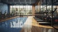 Active Indoors. Gym Space Featuring Treadmills, Bikes, and a Pool. Generative AI