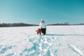 Active Irish Setter dog with woman running slow motion footage during the snowy walking, having fun in winter park. High Royalty Free Stock Photo