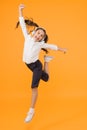 Active kid. Girl on way to knowledge. Knowledge day. Back to school. Kid cheerful schoolgirl full energy jump. Pupil Royalty Free Stock Photo