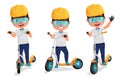 Active kids vector character set. Boy characters riding scooter with standing, waving and driving gesture isolated in white.