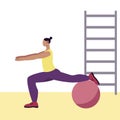 Active lady performing exercises with fit ball in gym. Doing morning workout in gym