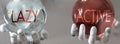 Active and lazy in a balanced life - pictured as words active,lazy in hands to show that lazy and active should stay in balance,