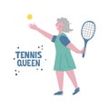 Active leisure of elderly. Senior woman playing tennis, throws ball. Lettering Tennis Queen. Concepr vector illustration can use