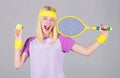 Active leisure and hobby. Athlete hold tennis racket in hand on grey background. Tennis sport and entertainment. Tennis Royalty Free Stock Photo