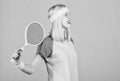 Active leisure and hobby. Tennis sport and entertainment. Girl adorable blonde play tennis. Start play game. Sport for Royalty Free Stock Photo